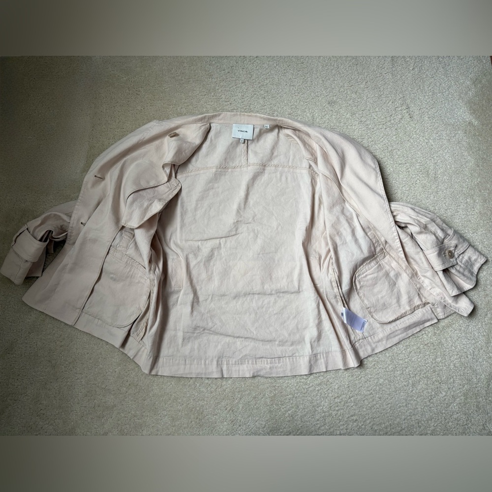Vince stretch Drapey belted linen blend jacket, sand glow, trench coat , sz M - Picture 9 of 11